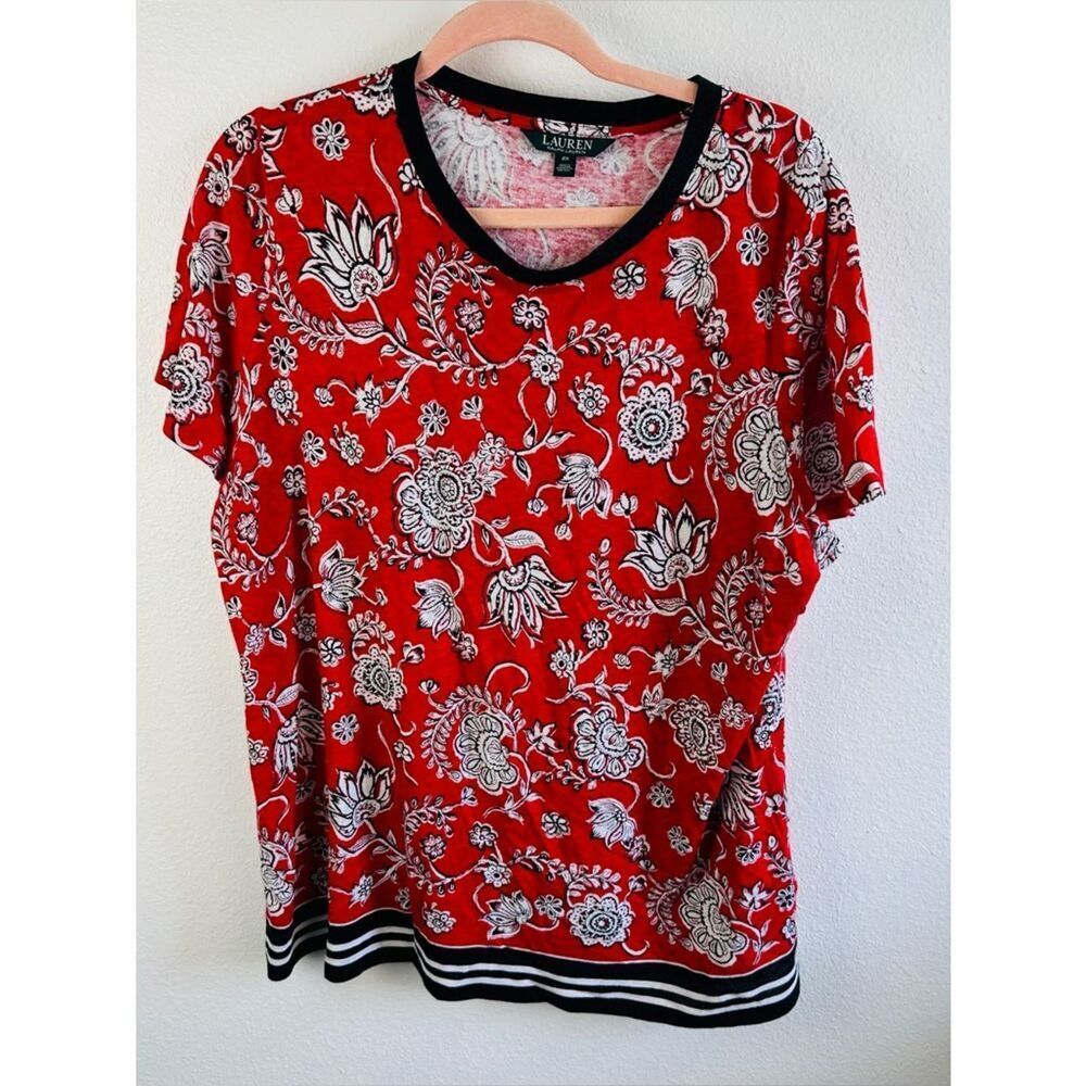 Lauren Ralph Lauren Red White Black Floral Linen Blend Tee Size 2X